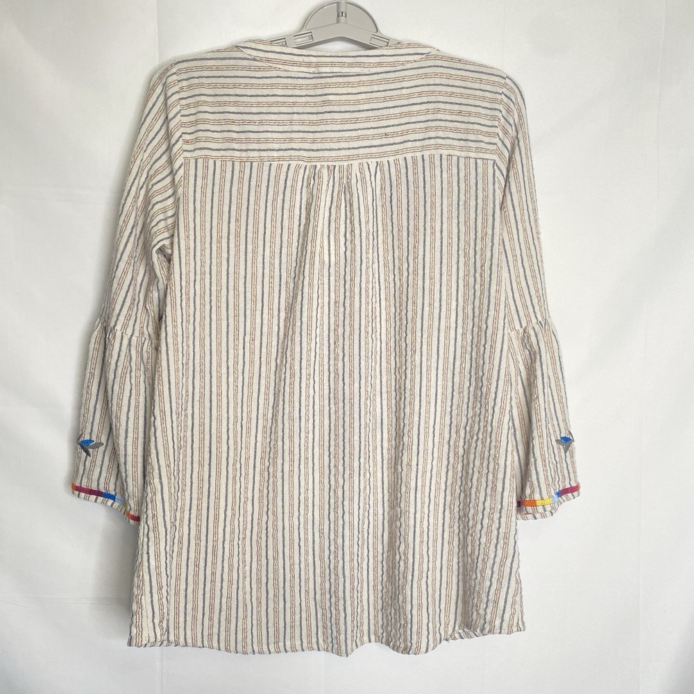 Savanna Jane Embroidered Floral Stripe‎ Popover Top 3/4 Bell Sleeve Beige Sz M - Picture 4 of 7